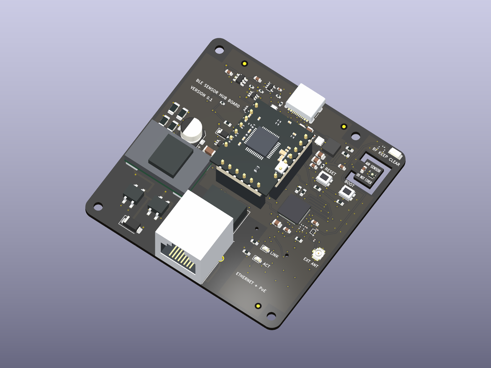 BLE Sensor Hub rendered from its KiCad design